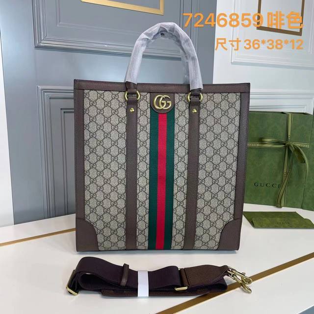 原单品质 Gucci系列大号购物袋 采用高档材质米色帆布 啡色高档牛皮滚边棉麻衬里 内部 1个拉链口袋 1个口口袋 型号7246859啡色 尺寸36.38.12