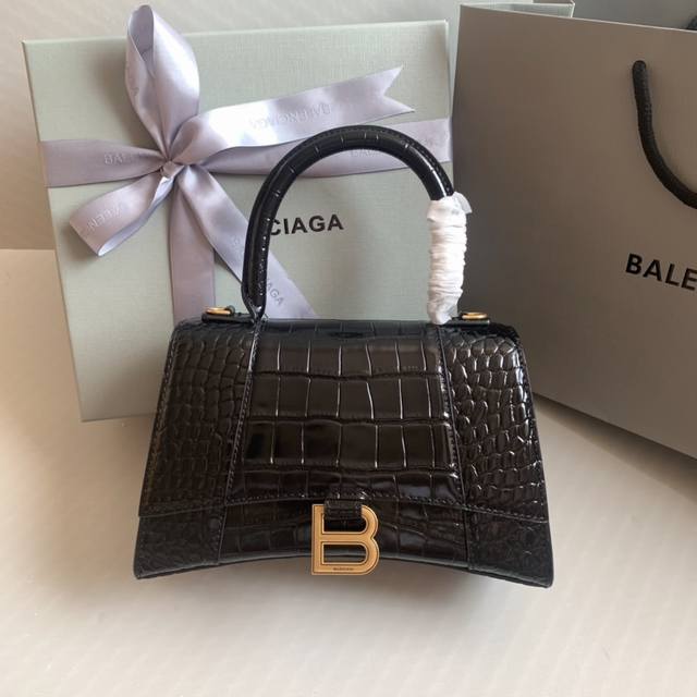 升级版顶级原单 金扣 鳄鱼纹黑 Balenciag巴黎家 沙漏包本季重磅 原单 鳄鱼纹 Hourglass手提包 沙漏包 S-Size 23Cmx10X14Cm