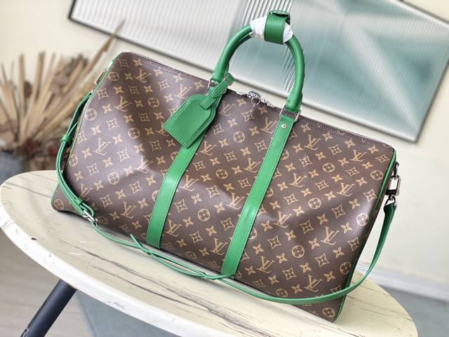 顶级原单 M46774 本款keepall Bandouliere50旅行袋选用monogram Macassar帆布 为侧带 名牌 织物内村和顶部皮革手柄同步