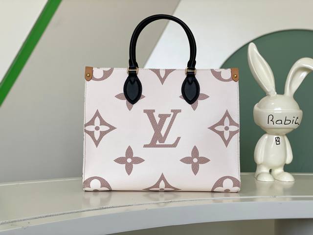 海原外单 独实家拍 M46912本款 Onthego 中号 Tote 包将 Monogram 图案先印染后压印于柔软粒面牛皮 白花黑皮黄皮拼色大花丝印妈咪袋oo