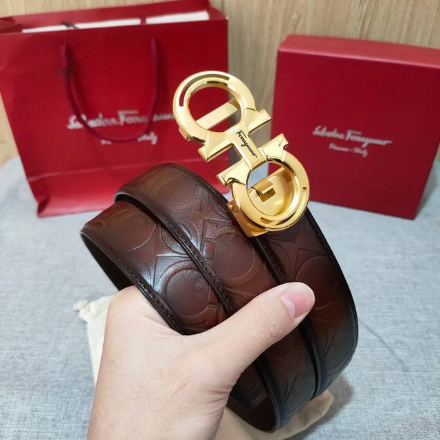 Ferragam菲拉格慕 男士自动扣平滑款 宽度3.5Cm 精品钢质五金搭配双面头层牛皮腰带 长度可自由裁剪