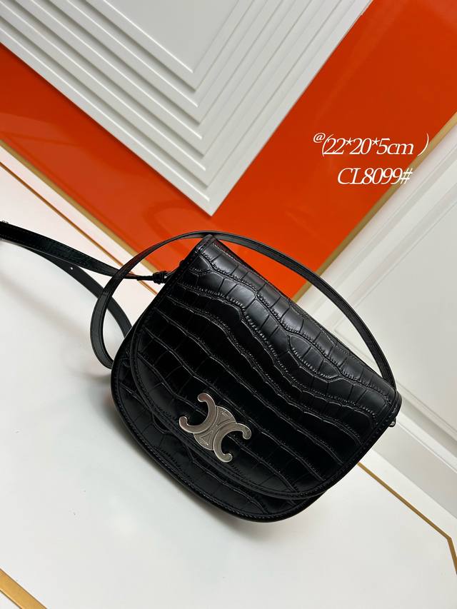 Celine 23秋冬新款马鞍包 牛皮革 斜挎和肩背 按扣开合 黑银色的搭配高级满满 男士女士都可以轻松驾驭 银色凯旋门logo相比金色更低调百搭 马鞍包型增添