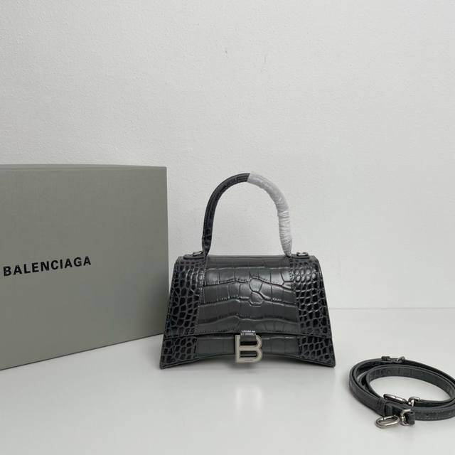 巴黎世家 Balenciaga Hourglass沙漏包 S号23Cm 高端气质的黑灰色 进口原单小牛皮压纹鳄鱼 里外全皮 顶级品质 现货实拍 完美极致 潮流到