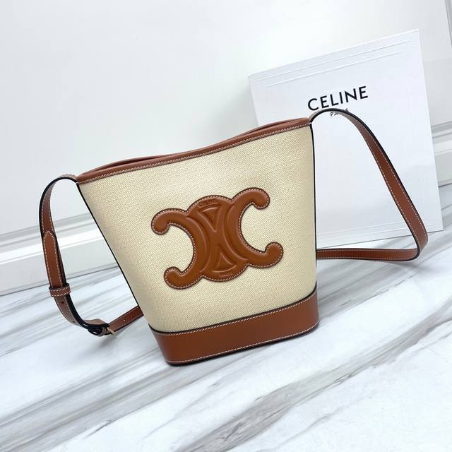 Cuir Triomphe 织物和牛皮革小号水桶包 香草色 棕色 12 X 9 X 5英寸 22 X 24X 13厘米 斜挎和肩背 可调节皮革肩带长20英寸 5