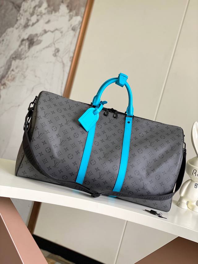 海原外单 独实家拍 动态芯片版 M11480银花 拼浅蓝 Keepall Bandoulière 55 旅行袋取材 Monogram Eclipse Rever