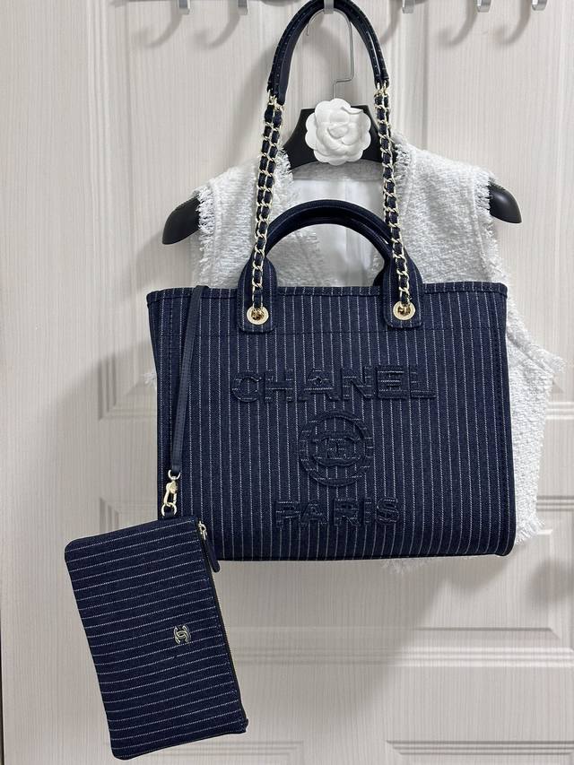 24C Chanel Shopping Bag 条纹牛仔 沙滩包中34Cm 即百搭又耐看