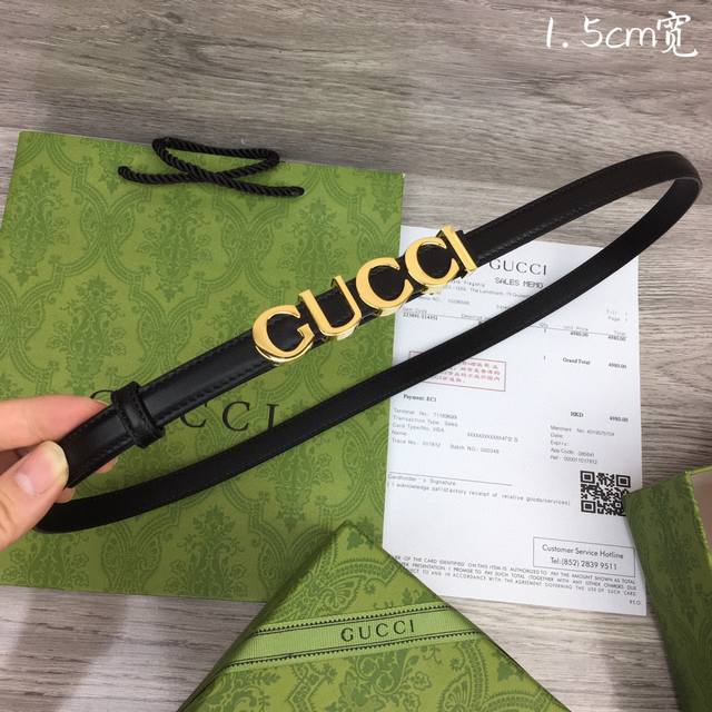 Gucci 双面意大利进口头层小牛皮，搭配真空电镀亮面字母纯铜扣，经典款式，专柜有售，市场顶级品质，支持验货 配送全套专柜包装，宽度 1.5Cm