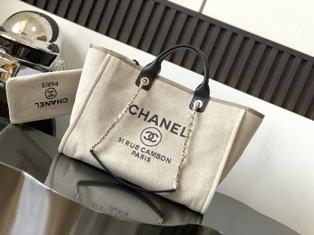 Chanel 新配色子母沙滩tote 雨露麻布全钢五金 尺寸：38X30X22Cm 大号：66941 有手柄